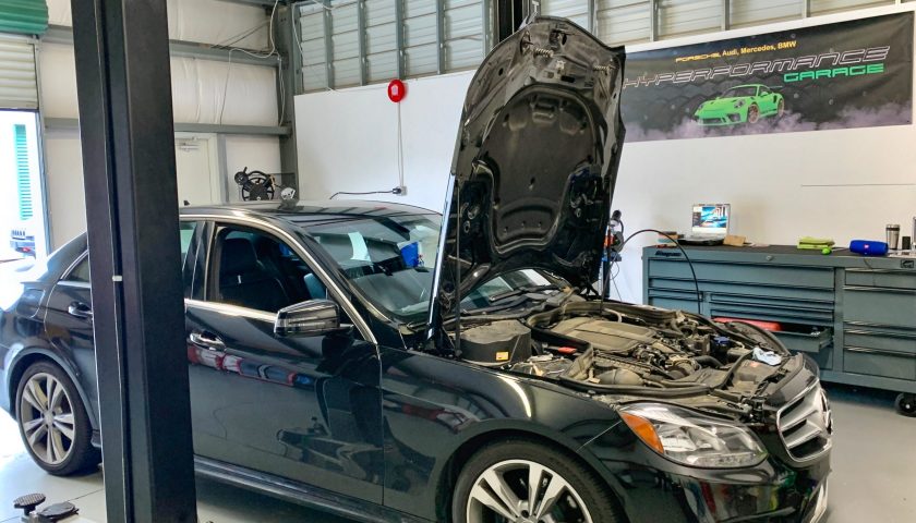 Mercedes-Benz E350 on the lift at Hyperformance Garage during service